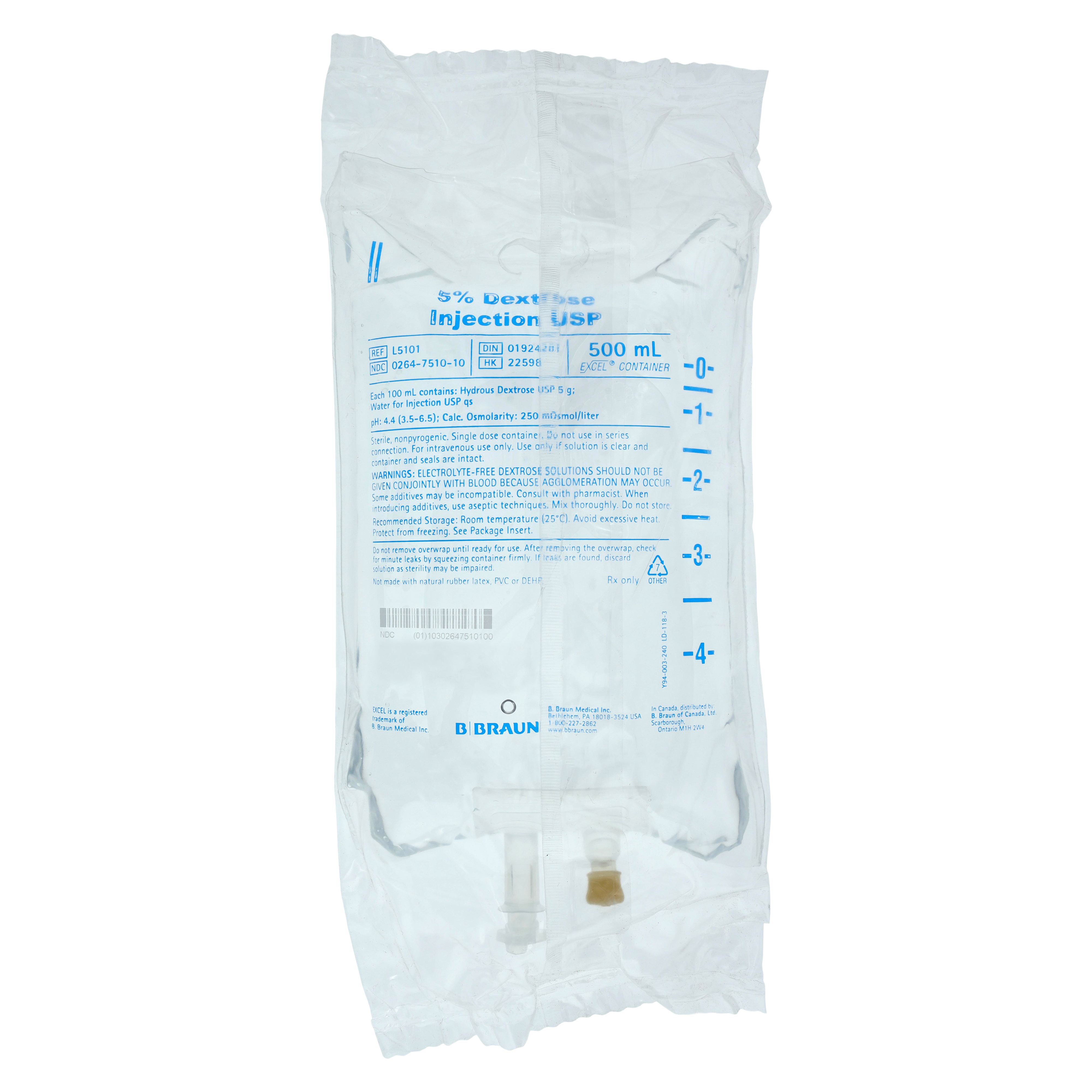 IV Injection Solution Dextrose 5%/Water 500mL Plastic Injection Container Each